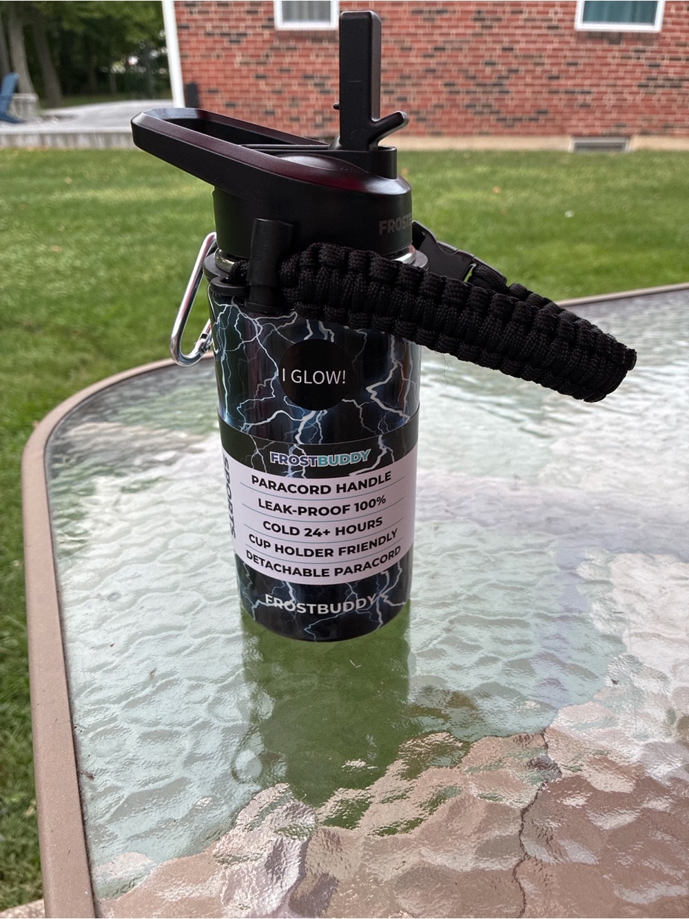 FrostBuddy Black Paracord-Handle lightening design Glow Water Bottle